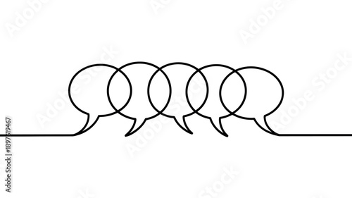A minimalist line drawing of five connected speech bubbles on a white background
