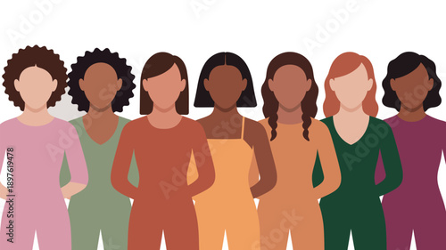 A diverse group of women standing together in colorful outfits