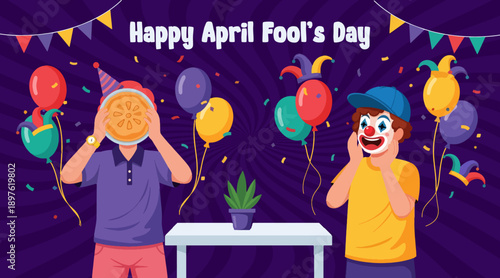Happy April Fools Day Prank with Pie Face and Funny Clown Characters