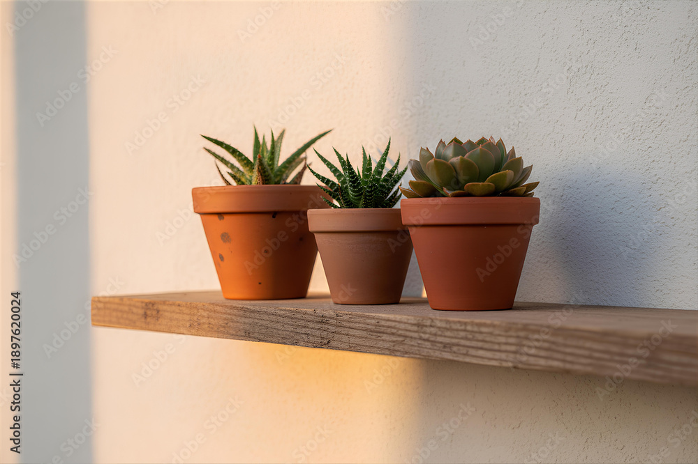 Fototapeta premium Three Succulent Plants Sit On Wooden Shelf Indoors