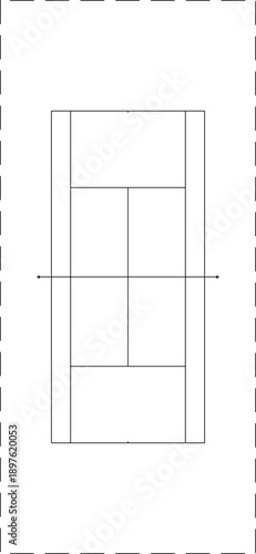 Technical vector illustration of a standard tennis court floor plan, featuring precise line markings for singles and doubles boundaries