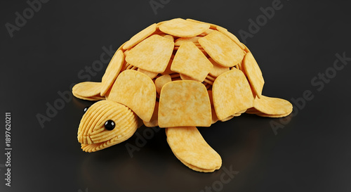 Creative turtle sculpture made from snack chips with detailed shell and limbs on dark background