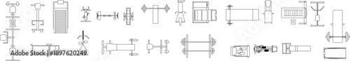 Large vector collection of gym and fitness equipment icons in top view, featuring treadmills, weight benches, and strength machines.