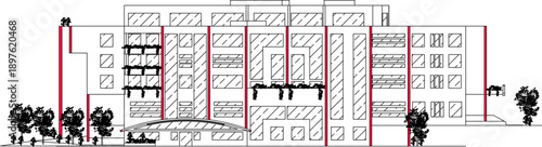 Technical vector elevation of a modern building featuring red structural columns, shaded window textures, and integrated balcony greenery