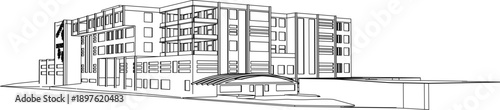 Technical vector illustration of a modern office building in perspective, featuring structured modular facades and a curved entry canopy.