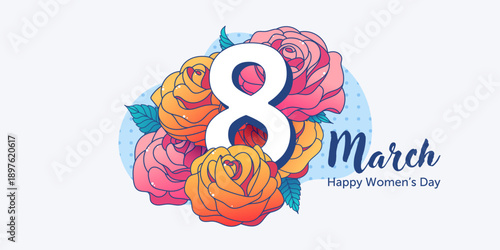Colorful vector illustration celebrating Women's Day on March 8. Elegant roses and floral elements arranged around a bold number eight. Ideal for banner, greeting card, poster, holiday promotions.