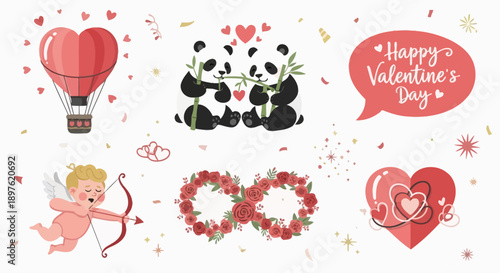 Happy Valentine's Day collection of romantic illustrations and symbols including cupids, pandas, hot air balloons, hearts, and floral designs