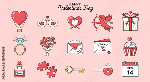 A charming collection of Valentine's Day concept icons, perfect for conveying love and romance in design projects. This set features adorable symbols for holiday celebrations