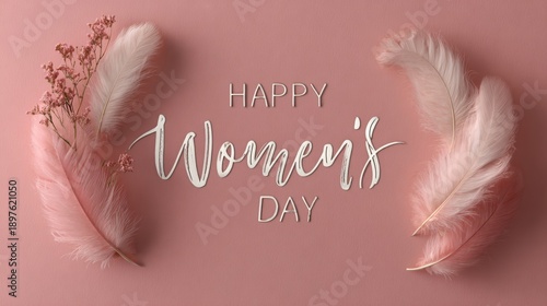 Celebration of Women's Day with pink feathers and flowers on a simple background