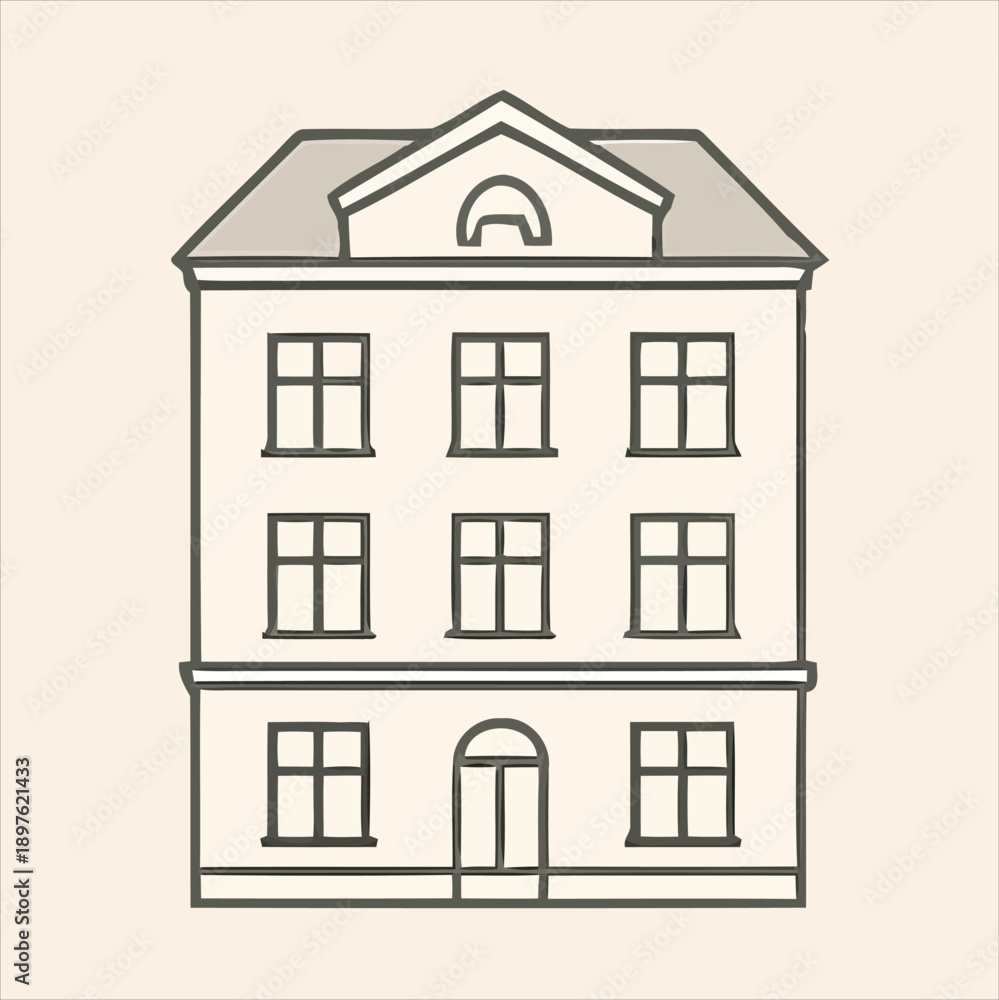 Fototapeta premium Stylized Four-Story Building Vector – Triangular Pediment, Arched Doorway, Symmetrical Windows, Minimalist Urban Architecture