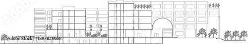 Technical vector illustration of a modern multi-story building elevation, featuring a tiered facade, rooftop gardens, and perimeter trees.
