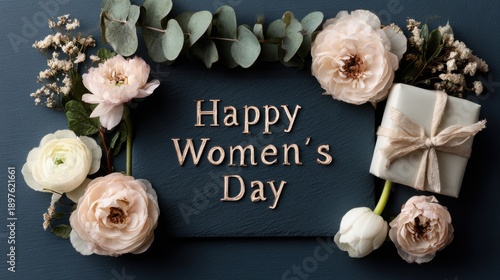 Celebration for Women's Day with flowers and a gift on a dark background