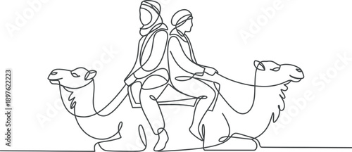 A minimalist line drawing of two people riding camels in a desert landscape