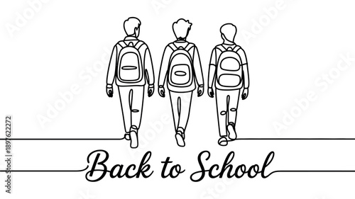 Three students with backpacks walking together back to school