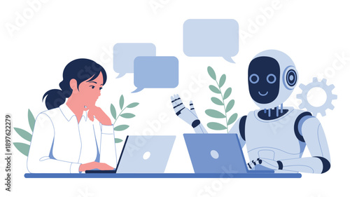 A woman and a robot collaborate on laptops with speech bubbles around them