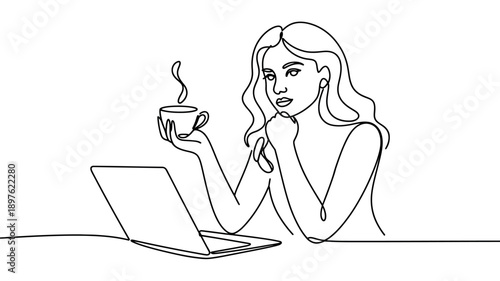 A woman sitting at a desk with a laptop and a cup of coffee, looking relaxed and focused.