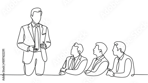 A confident businessman presenting to a group of colleagues in a meeting