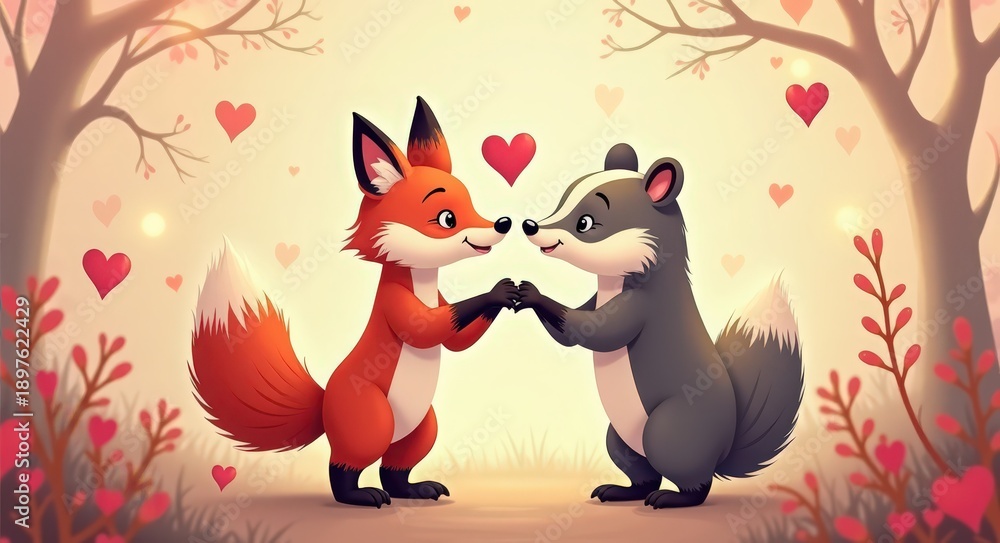 Fototapeta premium A charming illustration of a fox and a raccoon holding hands surrounded by hearts in a whimsical forest setting.
