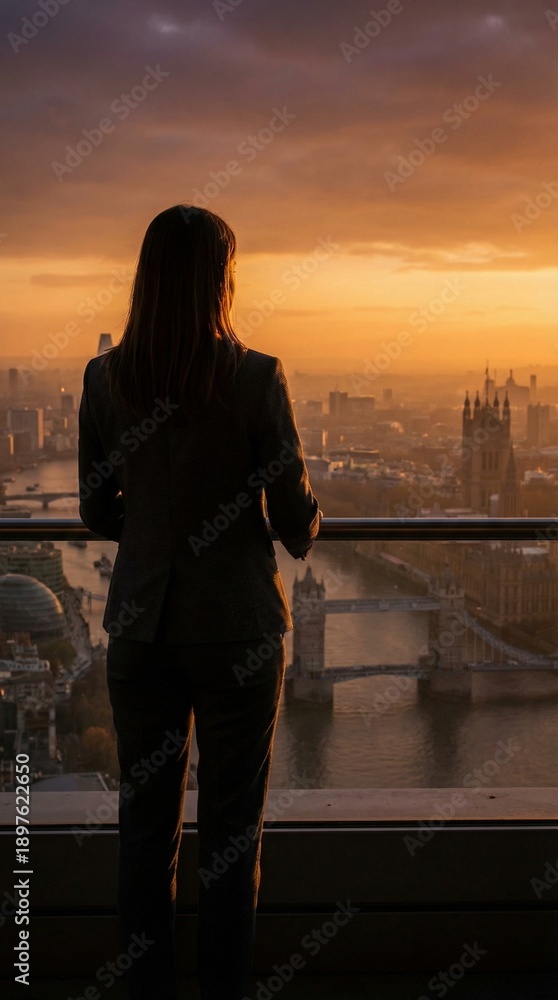 Fototapeta premium A woman in business attire admires the London skyline at sunset, perfect for travel blogs or corporate brochures.
