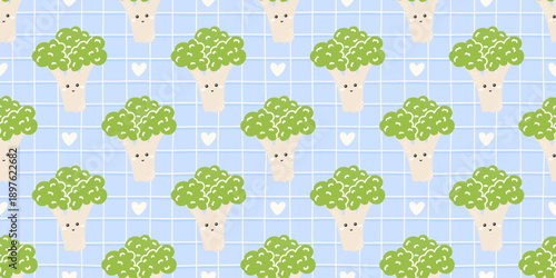 Seamless broccoli pattern with smiling vegetables on a light blue gingham bg and tiny hearts, ideal for kitchen textiles, kids products, healthy food packaging, and playful decor