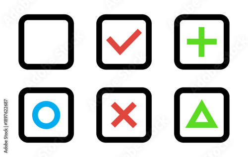 チェックボックス アイコン セット、シンプル、チェック、丸、バツ、三角、プラス