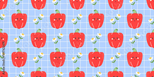 Seamless cute paprika pepper pattern with red chili pepper on a gingham grid. Designed for nursery textiles, kitchen wallpaper, and playful food packaging