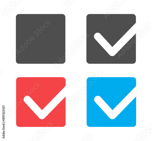 Check mark icons set. Checkmark vector icon collection. Checked icon, correct choice sign, checkbox pictogram. Vector illustration.