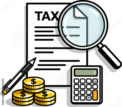 Tax Document with Magnifying Glass, Calculator and Coins Flat Vector Illustration
