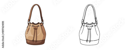 Bucket bag sketch in flat cartoon style with two-tone beige and brown colors represents fashionable accessory for women with drawstring closure and long shoulder strap