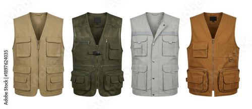 Four different utility vests, each designed with multiple pockets and durable fabric, are displayed in various colors for outdoor activities and practical use.