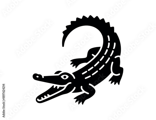 A black silhouette of a crocodile with an open mouth on a white background