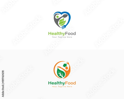 Healthy, natural and organic food logo collection. Healthy food with green leaf spoon person and circular logo.
