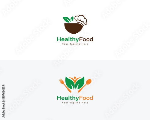 Healthy, natural and organic food logo collection. Healthy food with green leaf spoon person and circular logo.

