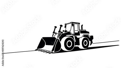 A black and white illustration of a front loader tractor on a plain background