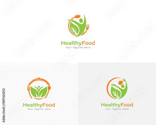 Healthy, natural and organic food logo collection. Healthy food with green leaf spoon person and circular logo.

