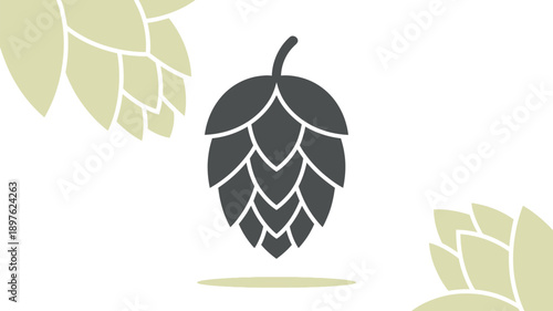 A stylized illustration of a hop cone surrounded by leaves on a white background