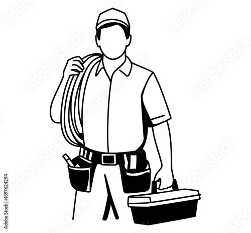 A cartoon illustration of a male handyman holding a toolbox and wearing a tool belt