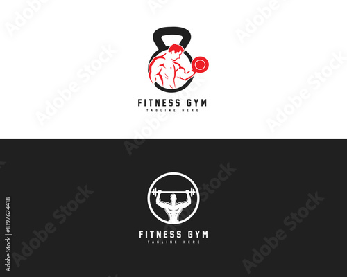 sport, gym, fitness and bodybuilding logo design collection. Fitness gym with kettlebell, weightlifter and barbell logo.
