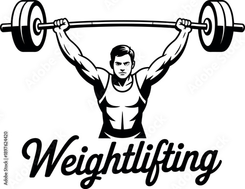 A muscular man lifting weights in a weightlifting exercise with a focused expression