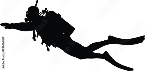 Black silhouette of a scuba diver swimming underwater with oxygen tank and fins isolated on white background, professional diving equipment vector illustration.