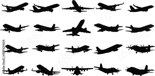 Collection of black airplane silhouettes featuring various aircraft types, commercial jets, private planes, and military cargo carriers flying in dynamic positions on white background