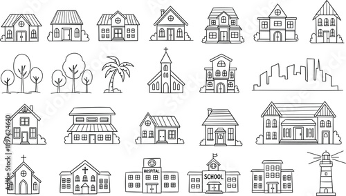Hand drawn doodle vector illustration of residential houses, suburban buildings, city skyline, school, hospital, church, lighthouse, trees and palms isolated on white background.
