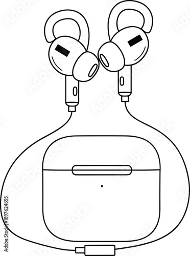 Hand drawn doodle vector illustration of wireless earbuds with charging case and cable isolated on white background, modern audio electronic gadget sketch.