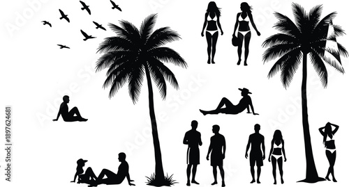 People on tropical beach with palm trees silhouettes set, summer vacation travel figures for architectural visualization cad drawing flat vector illustration