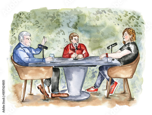 Watercolor illustration of the scientific podcast recording. Three people are sitting by the table with microphones and discussing the future and science. For articles, art prints, cards, stickers