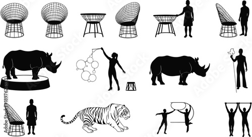 Collection of black silhouettes featuring circus performers, wild animals like rhinoceros and tiger, acrobatic gymnasts, modern wire chairs, and human figures in various creative poses