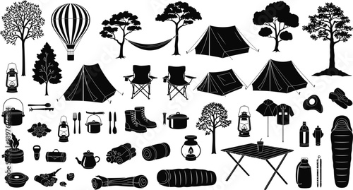 Collection of camping gear and outdoor adventure silhouettes, hiking equipment and nature elements for cad drawing flat vector illustration set