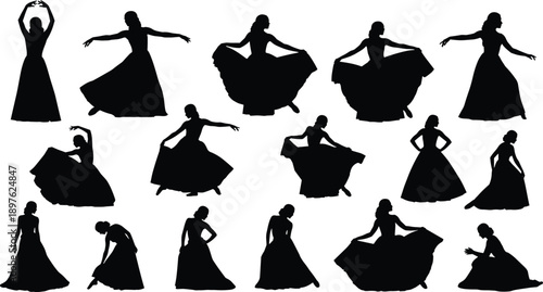 Collection of female dancer silhouettes in elegant gowns, ballet and ballroom dancing poses for cad drawing flat vector illustration set