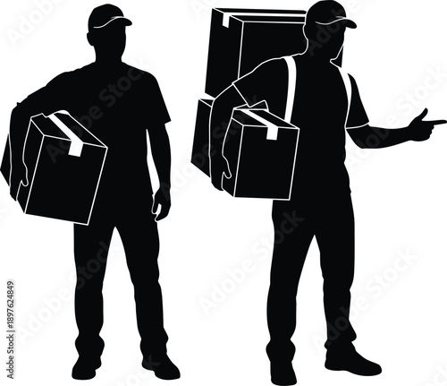 Black silhouette of professional delivery men carrying cardboard boxes and pointing isolated on white background, courier service and logistics vector illustration content.