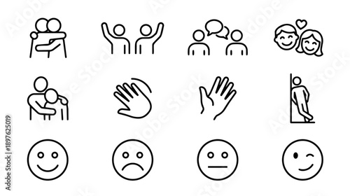 Minimalist Human Interaction and Emotion Icon Set: People Hugging, Greeting, and Talking Monoline Vector Outline Icons